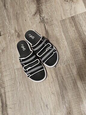 Ryka Viv Black Slide Sandals with White Trim and Striped Accents- Wide Width